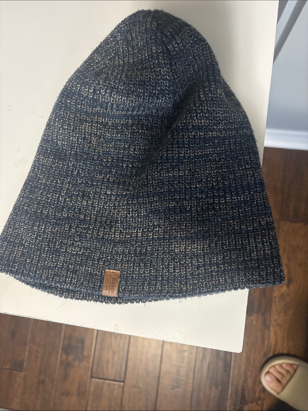 Roots Navy Heather Knit Beanie with Leather Logo Patch